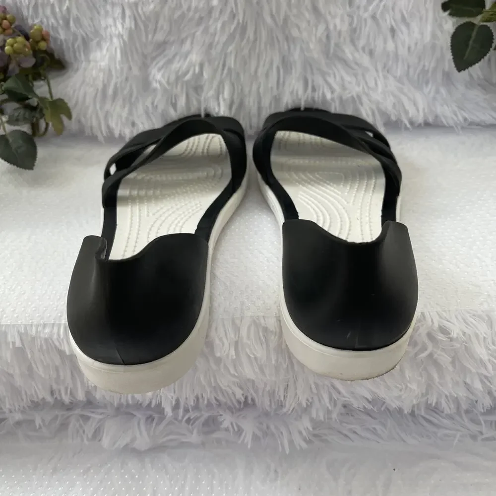 Black White Strappy Flat Sandals Women Size 38 Comfort Lightweight Casual Shoes